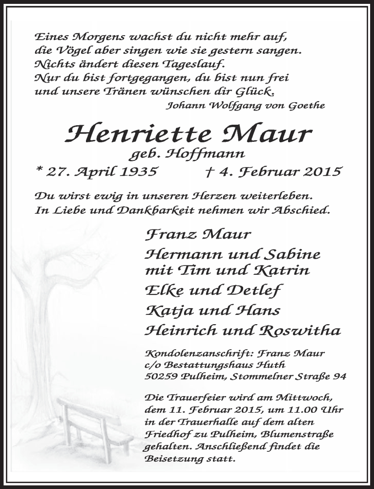  Traueranzeige für Henriette Maur vom 07.02.2015 aus  Sonntags-Post 