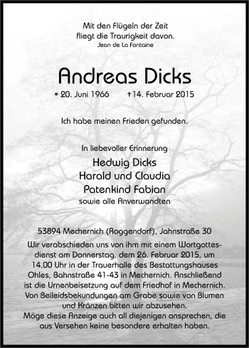 Anzeige von Andreas Dicks von Kölner Stadt-Anzeiger / Kölnische Rundschau / Express
