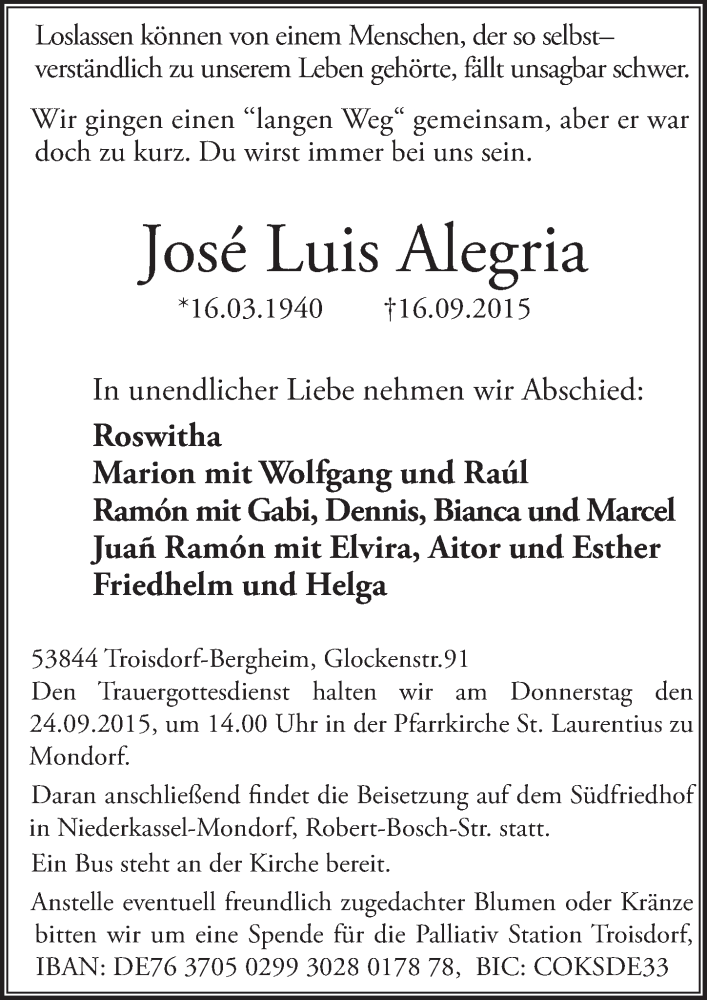  Traueranzeige für José Luis Alegria vom 23.09.2015 aus  Extra Blatt 