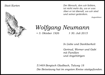 Anzeige von Wolfgang Neumann von Kölner Stadt-Anzeiger / Kölnische Rundschau / Express