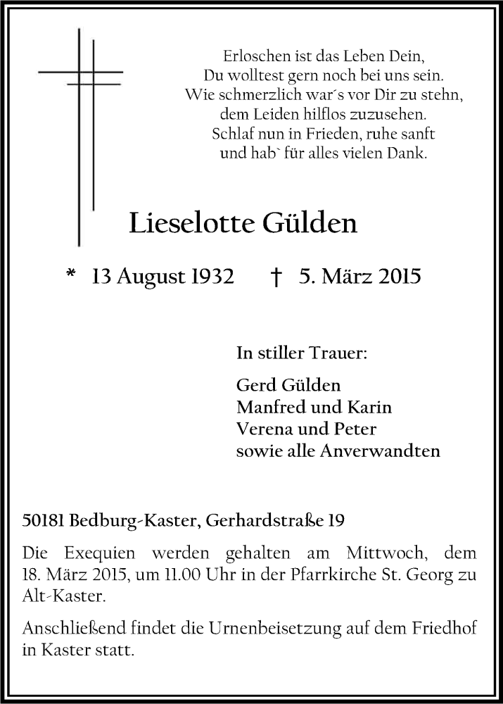  Traueranzeige für Lieselotte Gülden vom 14.03.2015 aus Kölner Stadt-Anzeiger / Kölnische Rundschau / Express