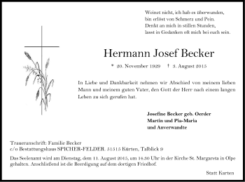 Anzeige von Hermann Josef Becker von Kölner Stadt-Anzeiger / Kölnische Rundschau / Express