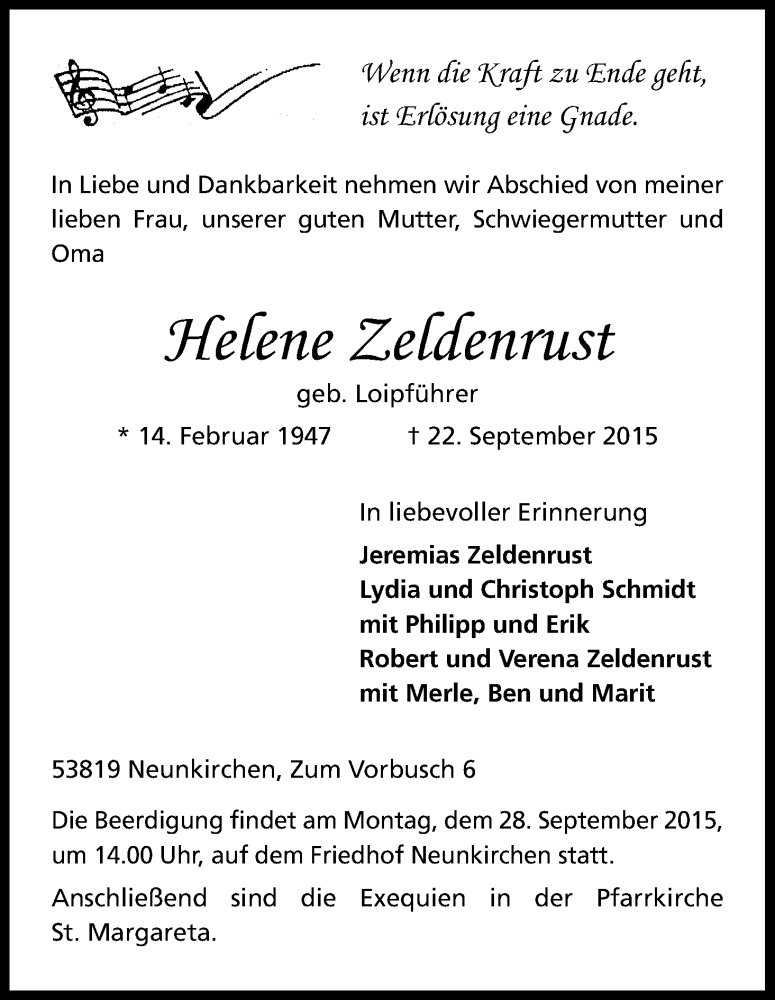  Traueranzeige für Helene Zeldenrust vom 25.09.2015 aus Kölner Stadt-Anzeiger / Kölnische Rundschau / Express