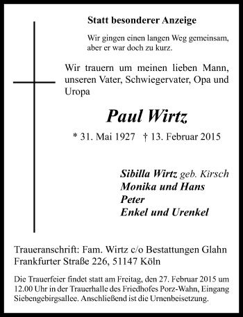 Anzeige von Paul Wirtz von  Kölner Wochenspiegel 