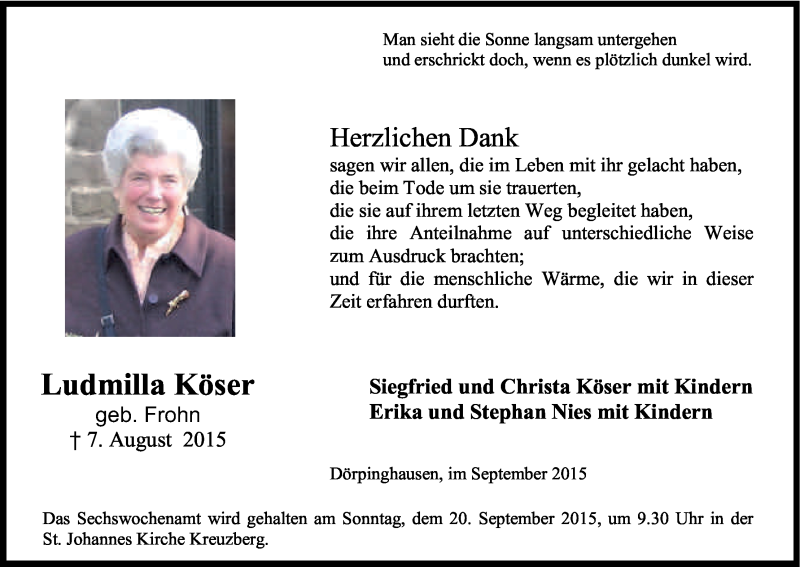  Traueranzeige für Ludmilla Köser vom 12.09.2015 aus Kölner Stadt-Anzeiger / Kölnische Rundschau / Express