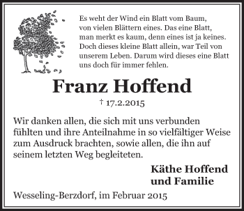 Anzeige von Franz Hoffend von  Schlossbote/Werbekurier 