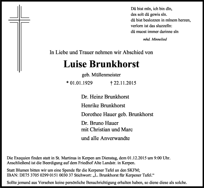  Traueranzeige für Luise Brunkhorst vom 26.11.2015 aus Kölner Stadt-Anzeiger / Kölnische Rundschau / Express