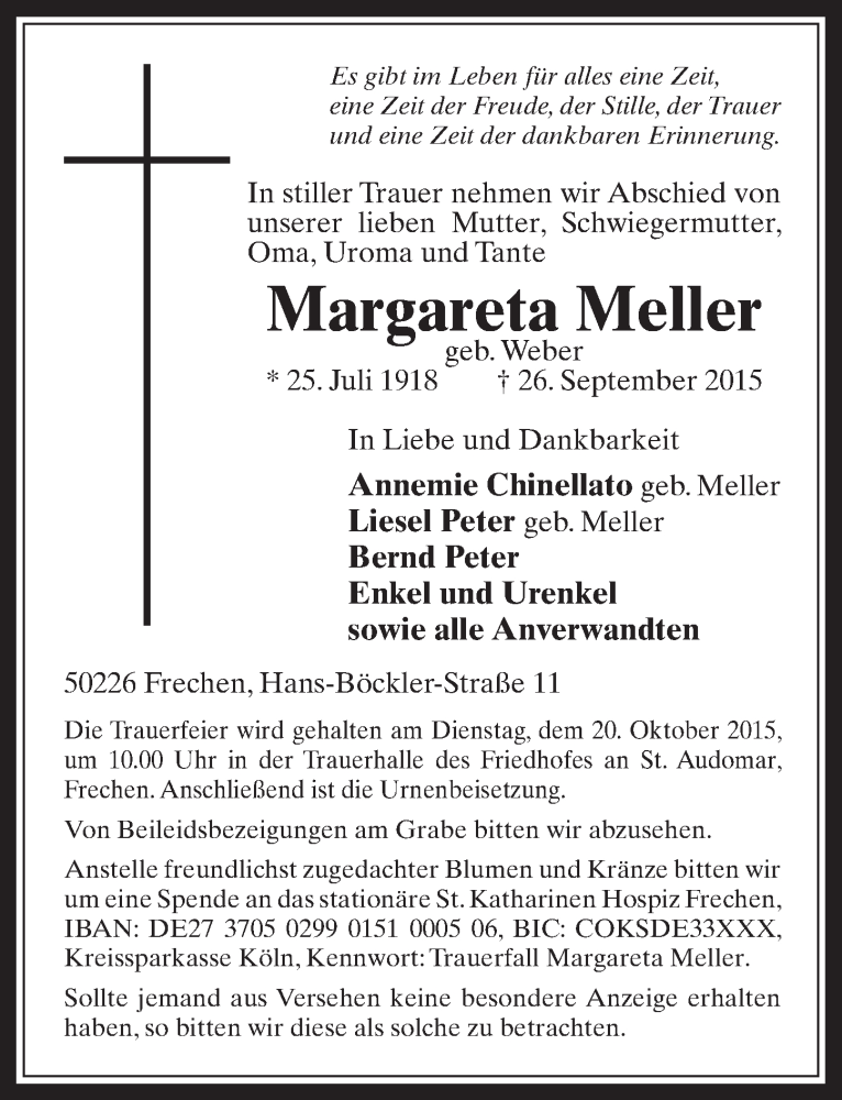  Traueranzeige für Margareta Meller vom 14.10.2015 aus  Wochenende 
