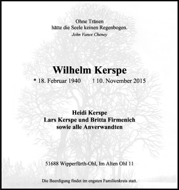 Anzeige von Wilhelm Kerspe von Köln - Wir Trauern