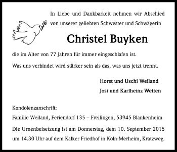 Anzeige von Christel Buyken von Kölner Stadt-Anzeiger / Kölnische Rundschau / Express
