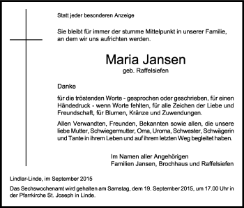 Anzeige von Maria Jansen von Kölner Stadt-Anzeiger / Kölnische Rundschau / Express