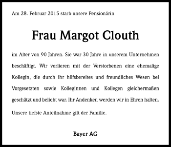Anzeige von Margot Clouth von Kölner Stadt-Anzeiger / Kölnische Rundschau / Express