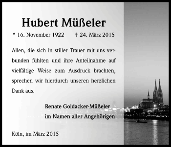 Anzeige von Hubert Müßeler von Kölner Stadt-Anzeiger / Kölnische Rundschau / Express
