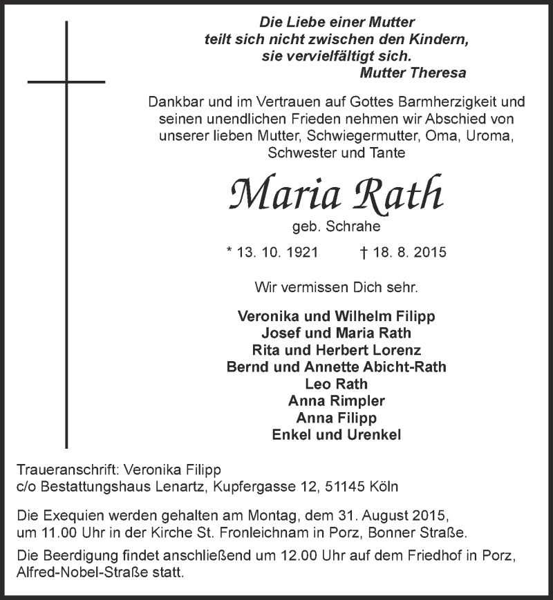  Traueranzeige für Maria Rath vom 26.08.2015 aus  Kölner Wochenspiegel 