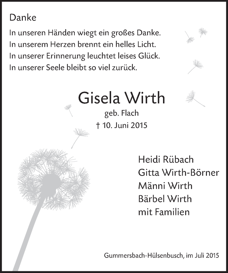  Traueranzeige für Gisela Wirth vom 15.07.2015 aus  Anzeigen Echo 