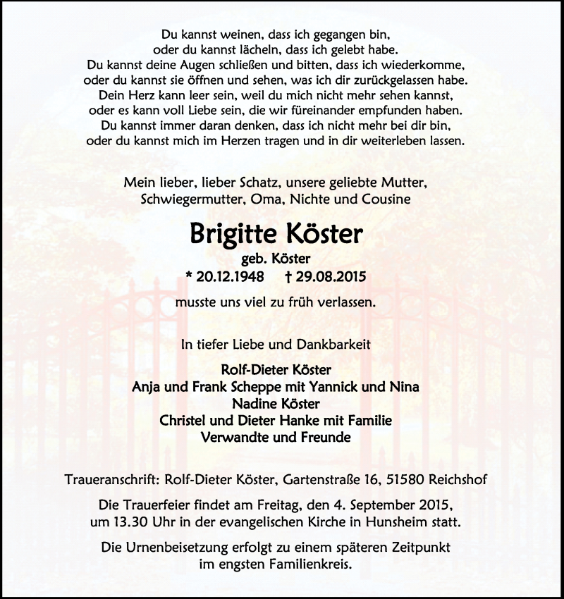  Traueranzeige für Brigitte Köster vom 01.09.2015 aus Kölner Stadt-Anzeiger / Kölnische Rundschau / Express