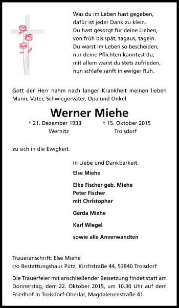 Anzeige von Werner Miehe von Kölner Stadt-Anzeiger / Kölnische Rundschau / Express