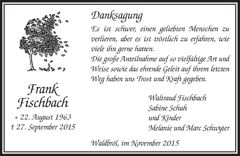  Traueranzeige für Frank Fischbach vom 11.11.2015 aus  Lokalanzeiger 