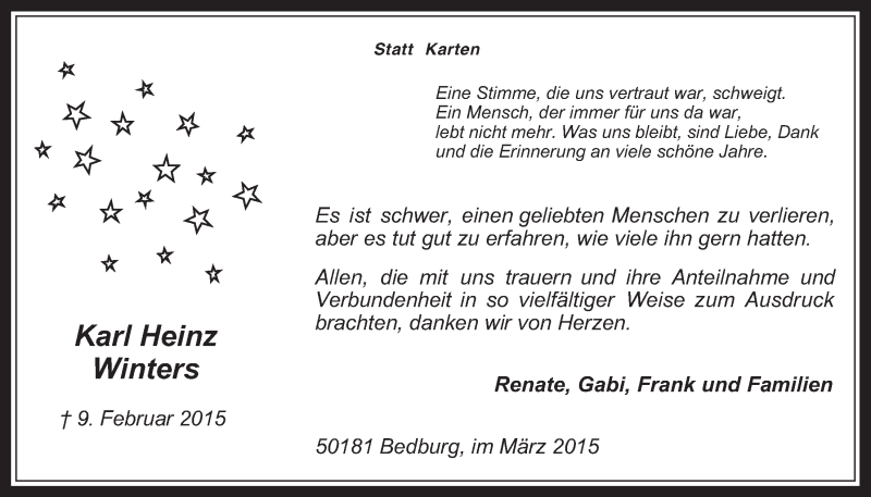  Traueranzeige für Karl Heinz Winters vom 01.04.2015 aus  Werbepost 