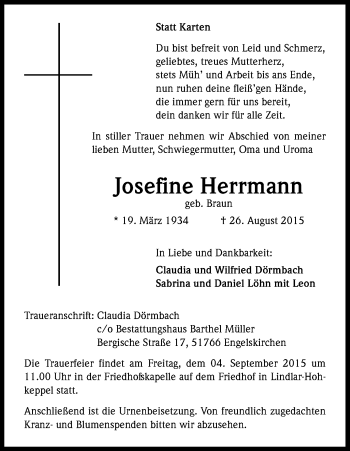 Anzeige von Josefine Herrmann von Kölner Stadt-Anzeiger / Kölnische Rundschau / Express