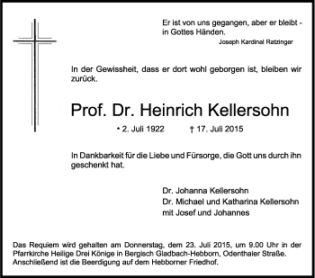 Anzeige von Heinrich Kellersohn von Kölner Stadt-Anzeiger / Kölnische Rundschau / Express