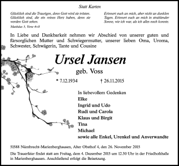 Anzeige von Ursel Jansen von  Lokalanzeiger 