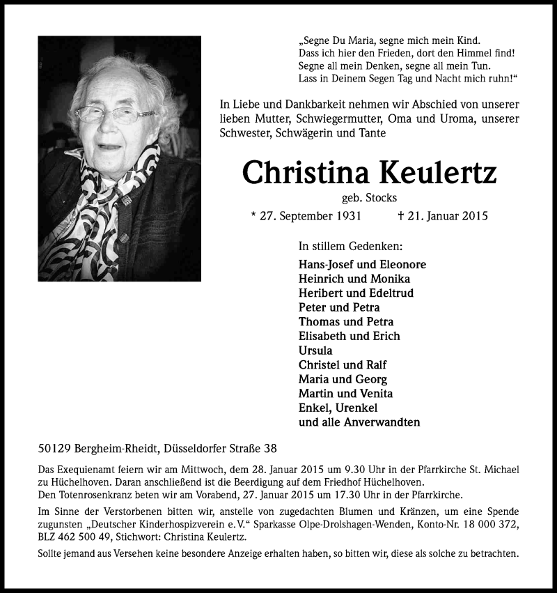  Traueranzeige für Christina Keulertz vom 24.01.2015 aus Kölner Stadt-Anzeiger / Kölnische Rundschau / Express