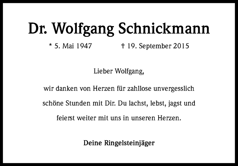  Traueranzeige für Wolfgang Schnickmann vom 26.09.2015 aus Kölner Stadt-Anzeiger / Kölnische Rundschau / Express