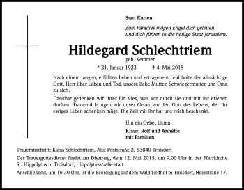Anzeige von Hildegard Schlechtriem von Kölner Stadt-Anzeiger / Kölnische Rundschau / Express