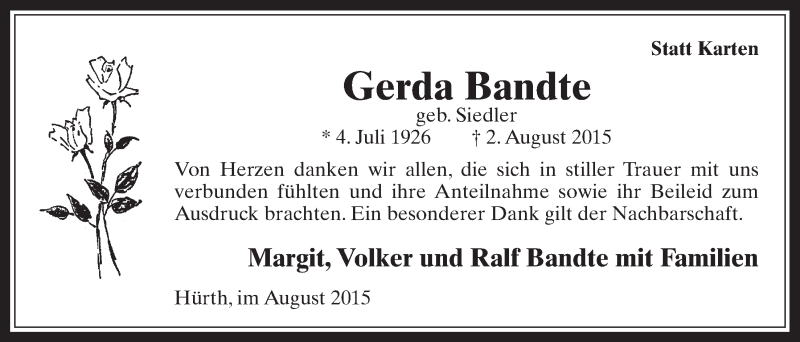 Traueranzeige für Gerda Bandte vom 19.08.2015 aus  Wochenende 