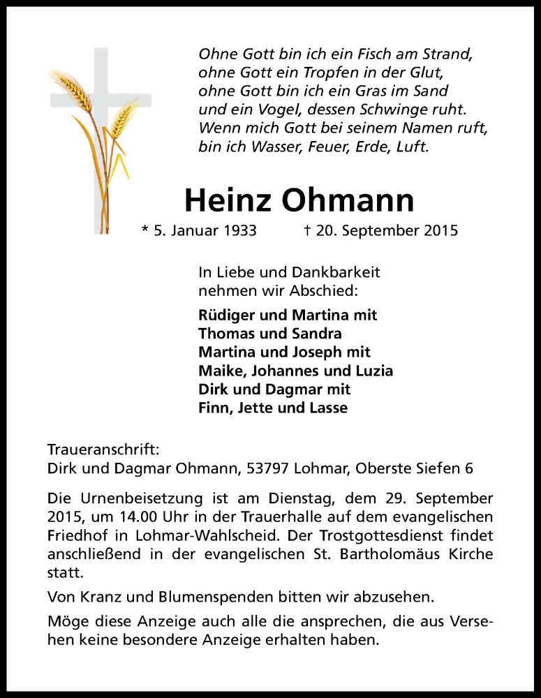  Traueranzeige für Heinz Ohmann vom 26.09.2015 aus Kölner Stadt-Anzeiger / Kölnische Rundschau / Express