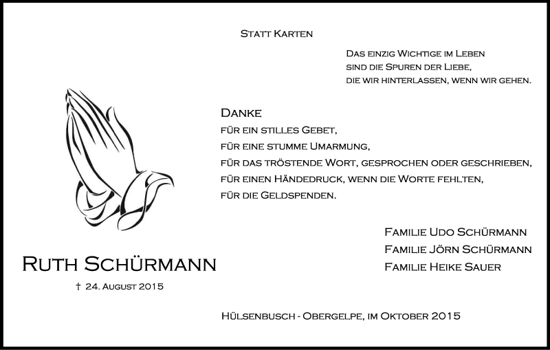 Traueranzeige für Ruth Schürmann vom 24.10.2015 aus Kölner Stadt-Anzeiger / Kölnische Rundschau / Express