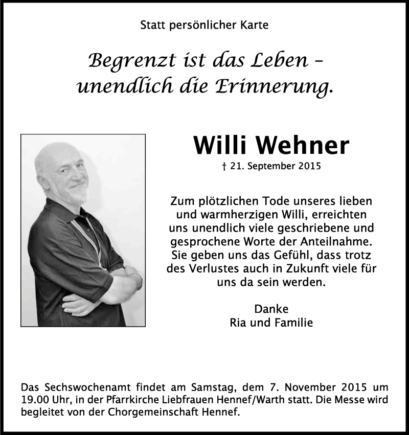  Traueranzeige für Willi Wehner vom 17.10.2015 aus Kölner Stadt-Anzeiger / Kölnische Rundschau / Express