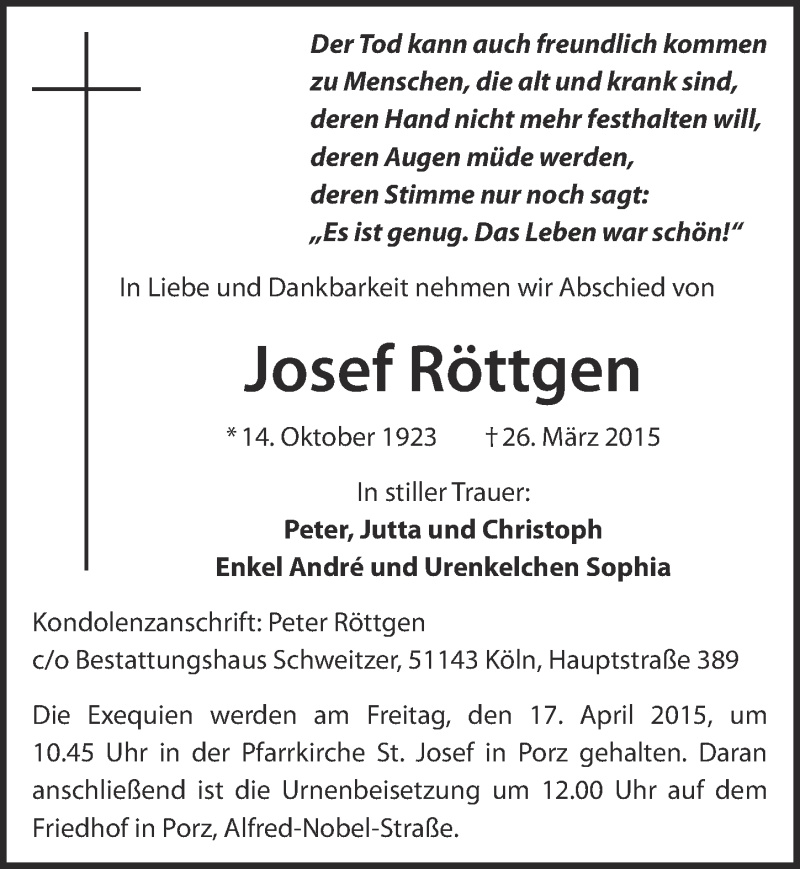  Traueranzeige für Josef Röttgen vom 08.04.2015 aus  Kölner Wochenspiegel 