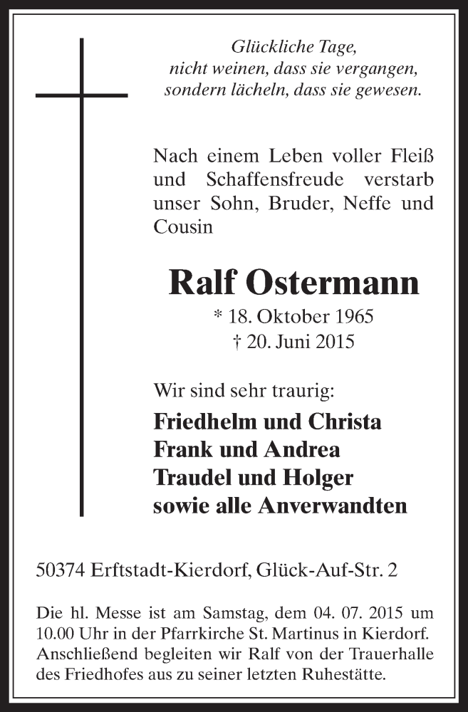  Traueranzeige für Ralf Ostermann vom 01.07.2015 aus  Werbepost 