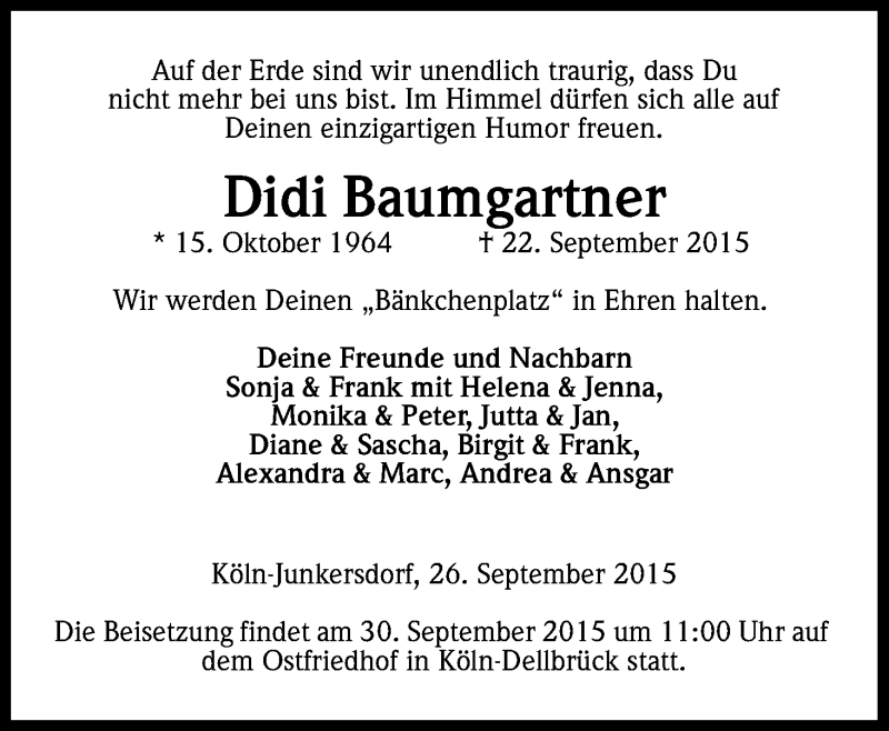  Traueranzeige für Didi Baumgartner vom 26.09.2015 aus Kölner Stadt-Anzeiger / Kölnische Rundschau / Express