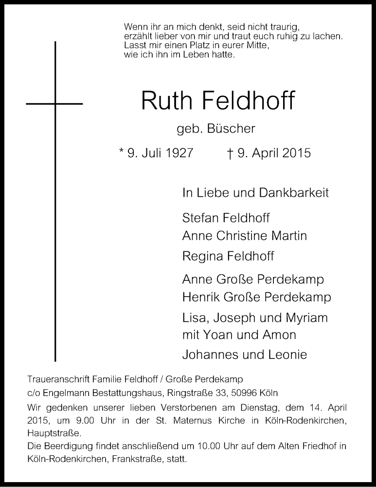 Traueranzeige für Ruth Feldhoff vom 11.04.2015 aus Kölner Stadt-Anzeiger / Kölnische Rundschau / Express