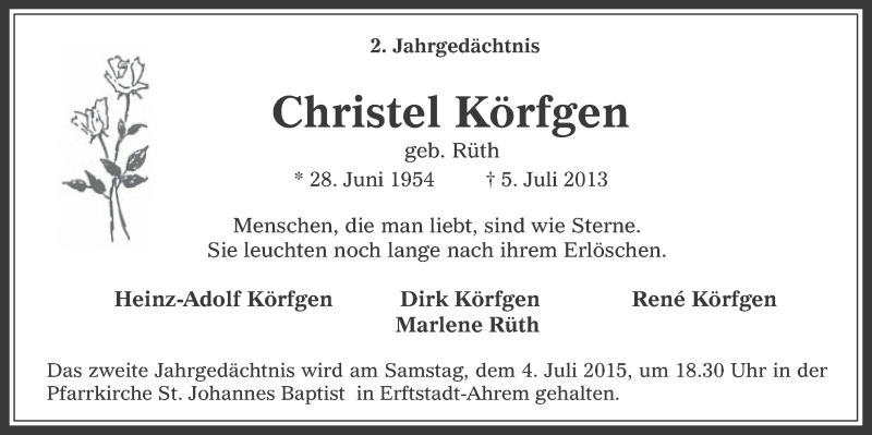 Traueranzeige für Christel Körfgen vom 01.07.2015 aus  Werbepost 