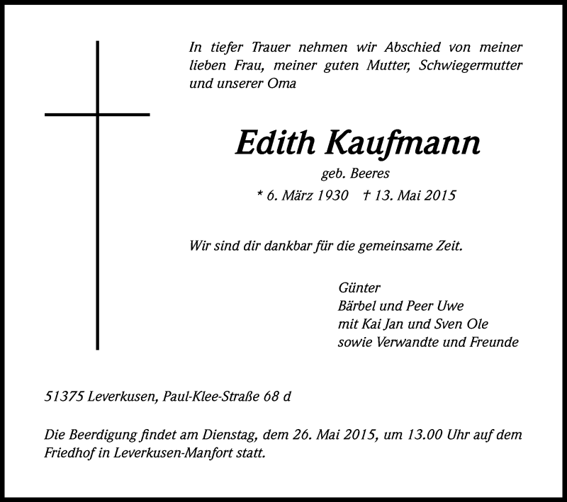  Traueranzeige für Edith Kaufmann vom 21.05.2015 aus Kölner Stadt-Anzeiger / Kölnische Rundschau / Express