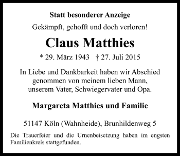 Anzeige von Claus Matthies von  Kölner Wochenspiegel 