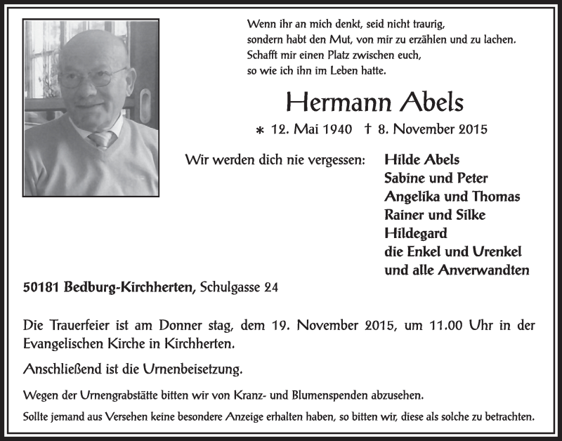  Traueranzeige für Hermann Abels vom 14.11.2015 aus  Sonntags-Post 