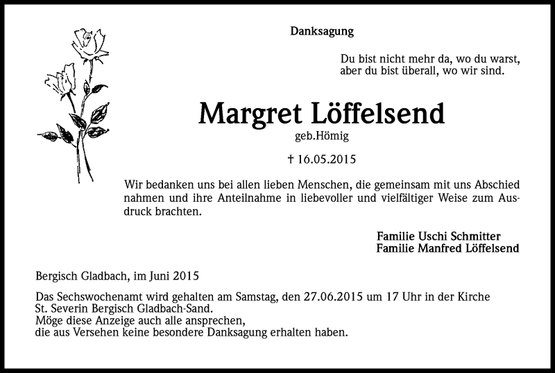  Traueranzeige für Margret Löffelsend vom 13.06.2015 aus Kölner Stadt-Anzeiger / Kölnische Rundschau / Express