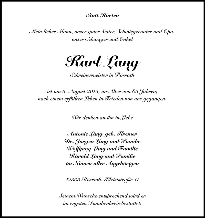  Traueranzeige für Karl Lang vom 08.08.2015 aus Kölner Stadt-Anzeiger / Kölnische Rundschau / Express