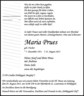 Anzeige von Maria Prues von Kölner Stadt-Anzeiger / Kölnische Rundschau / Express