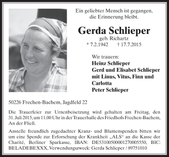 Anzeige von Gerda Schlieper von  Wochenende 