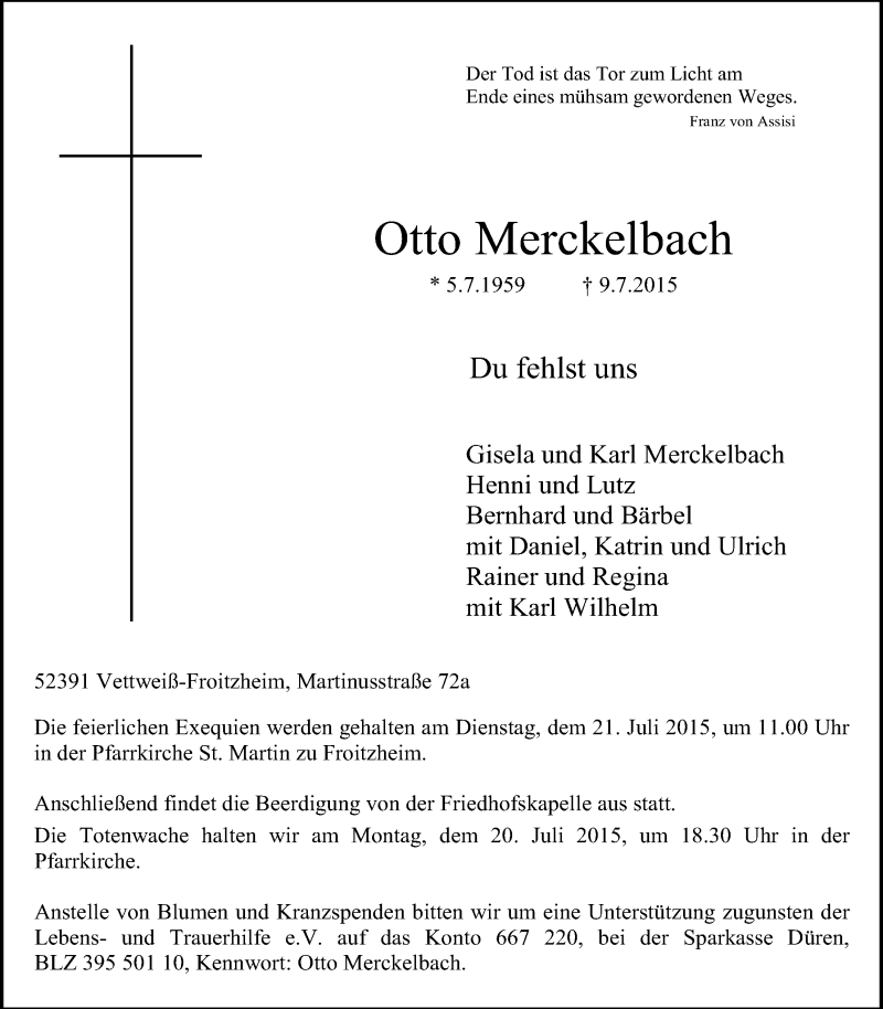  Traueranzeige für Otto Merckelbach vom 19.07.2015 aus  Blickpunkt Euskirchen 