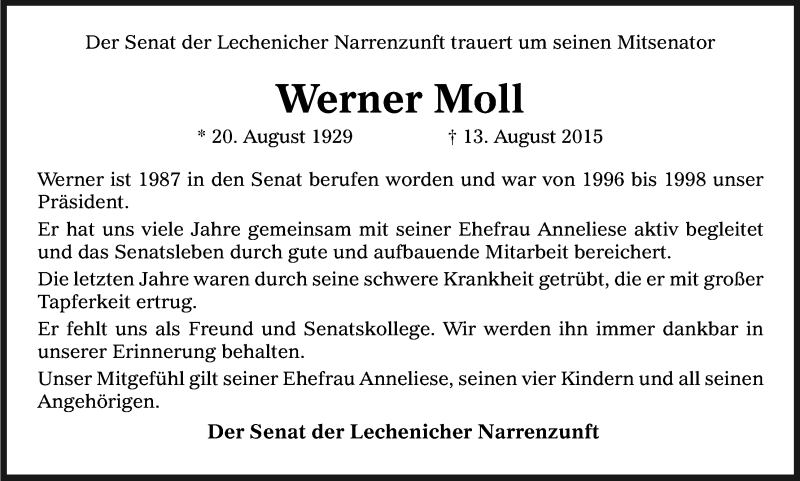  Traueranzeige für Werner Moll vom 22.08.2015 aus Kölner Stadt-Anzeiger / Kölnische Rundschau / Express
