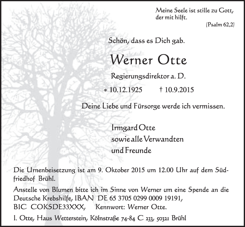  Traueranzeige für Werner Otte vom 23.09.2015 aus  Schlossbote/Werbekurier 