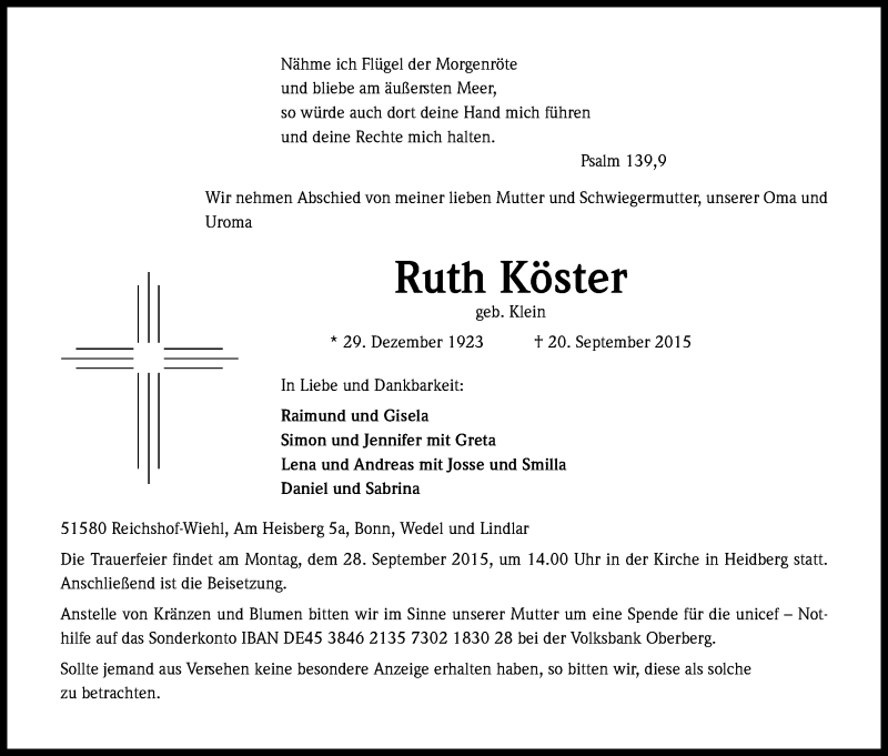  Traueranzeige für Ruth Köster vom 23.09.2015 aus Kölner Stadt-Anzeiger / Kölnische Rundschau / Express