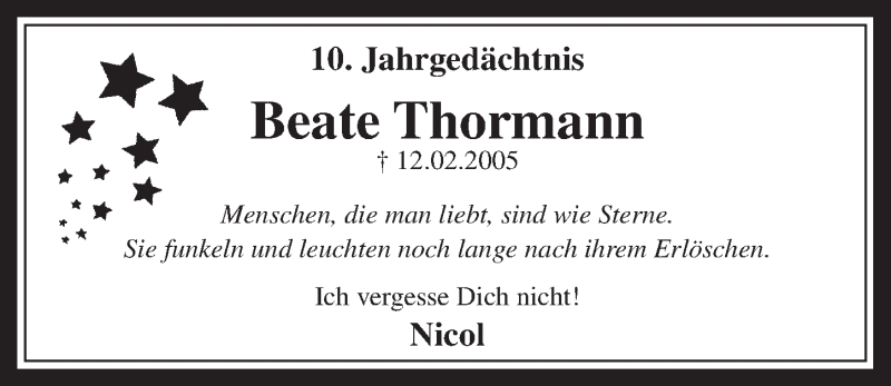  Traueranzeige für Beate Thormann vom 11.02.2015 aus  Werbepost 